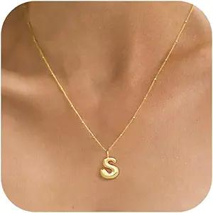 Balloon Gold Letter Necklace Gold for Women 14K Gold Plated Initial Necklace Charm Trendy Bubble Alphabet Necklaces Cute Puffy Small Choker Pendant Personalized Jewelry Gifts for Teens