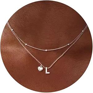 adoyi Gold Necklace for Women Layered Bubble Heart Letter Initial Necklaces for Women Trendy Jewelry 14K Gold Plated Chain Chunky Name Necklace Stack Charm A-Z Pendant Set Jewelry Gifts