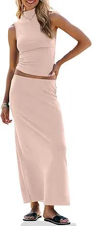 UEU Womens Skirt Set 2 Piece Outfits Summer Trendy Crop Sleeveless Tank Top High Waist Bodycon Maxi Long Dress Sets