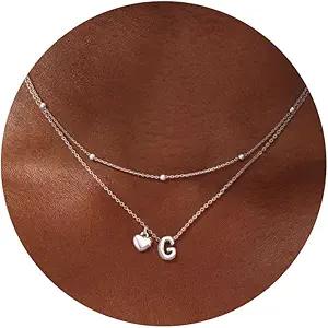 adoyi Gold Necklace for Women Layered Bubble Heart Letter Initial Necklaces for Women Trendy Jewelry 14K Gold Plated Chain Chunky Name Necklace Stack Charm A-Z Pendant Set Jewelry Gifts