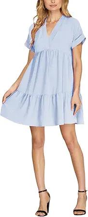 Women's Casual A Line Dress Short Sleeve Summer V Neck Loose Swing Beach Babydoll Mini Dresses