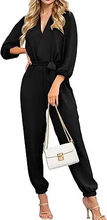 Womens Long Sleeve Jumpsuits Elegant Dressy Rompers V Neck Belt with Pockets Casual One Piece Outfits