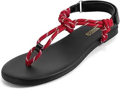 Rihero Rope Thong Sandals for Women Beach Flip Flops Comfortable Ankle Strap Slip-On Flat Sandals