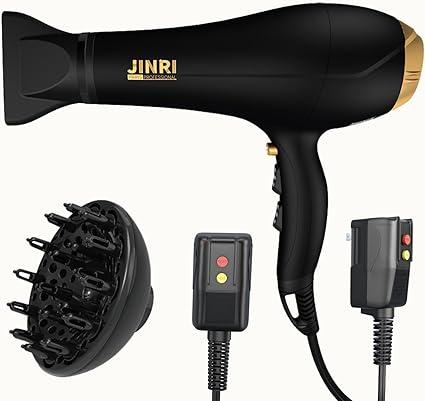 Hair Dryer - JINRI 2000W Diffuser Blow Dryer for Salon & Personal Use – Powerful, Fast Drying with Diffuser & Nozzle for Women & Men, ALCI Safety Plug, Black
