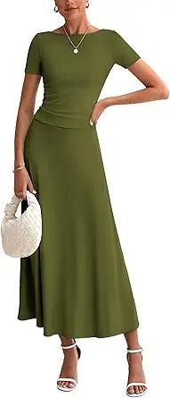 BTFBM 2025 Women's Summer 2 Piece Outfits Spring Crewneck Short Sleeve Ruched Bodycon Tops Flowy Knit Maxi Skirt Sets