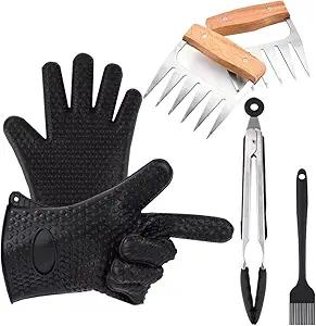 Silicone BBQ Gloves Set - Heat Resistant Gloves, Meat Claws, Food Tongs & Brush - High Temp Non-Slip BBQ Accessories, Perfect for Grilling, Roasting & Smoking, Ideal Kitchen Tools