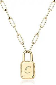Initial Lock Necklace For Women 14K Gold Plated Dainty Paperclip Padlock Pendant Necklaces Personalized Letter A-Z Jewelry