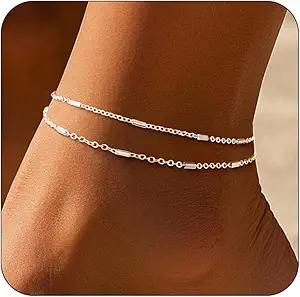 DEARMAY Dainty Layered Silver Ankle Bracelets for Women Waterproof, S925 Sterling Silver Plated Anklets for Women Jewelry Cute Chain Link Anklets Set Pack Summer Beach Gift Teen