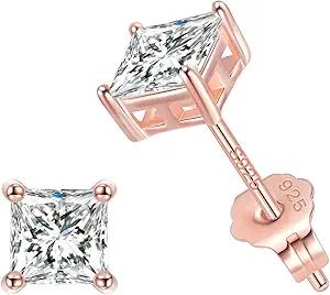 Jewlpire 925 Sterling Silver Stud Earrings for Women Men, 14K Plated Gold Stud Earrings for Women, Round/Princess Cut Cubic Zirconia Earrings Studs, Stud Earrings 3mm 4mm 5mm 6mm 7mm