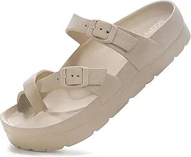 Women's Platform Sandals with Arch Support, Comfort Slides Adjustable Slip On Flat Sandals for Summer Ultra Cushion & Thick Soles