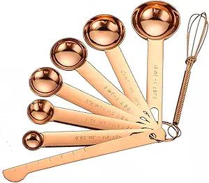 8-Piece Stainless Steel Measuring Spoons Set - Dishwasher Safe Kitchen Measuring Spoons, Engraved Steel Measuring Spoons for Baking, Cute Spoons Set for Kitchen Use, Rose Gold
