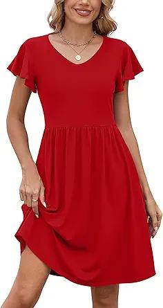 Heymoments Women's Ruffle Sleeve V Neck Swing Sundress Summer Casual A-Line Midi Dress with Pockets S-2XL