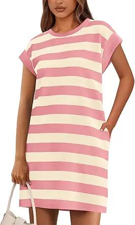 BTFBM Casual Dresses for Women 2025 Summer Striped Tshirt Short Dress Loose Cap Sleeve Beach Vacation Clothes Pockets