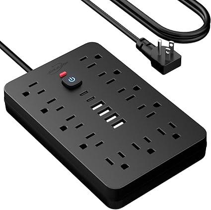 5 FT Flat Plug Surge Protector Power Strip,11 Multiple AC Outlets with 6 USB Ports (2 USB C), 5 Feet Extension Cord, 1250W/10A, One Touch Switch Button, 17 in 1 Compact powerstrip