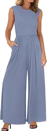 BTFBM Womens Casual Jumpsuits Dressy 2025 Summer One Piece Outfits Crew Neck Sleeveless Knit Wide Leg Pants Romper