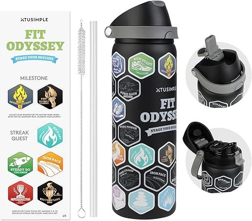 32 oz Motivational Insulated Stainless Steel Water Bottle for Sports, Gym & Travel, 2-in-1 Push-Button Spout & Quick-Flip Straw, Leak-Proof BPA-Free, Keeps Cold 30H, with DIY Fitness Stickers