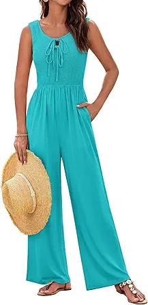 GRACE KARIN Jumpsuits for Women Bow Tie Front Overalls Smocked Tops Wide Legs Casual Knitted Outfits with Pockets