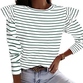 LilyCoco Womens Long Sleeve Striped Shirt Ruffle Top Loose Fit Tee Crew Neck T-Shirts
