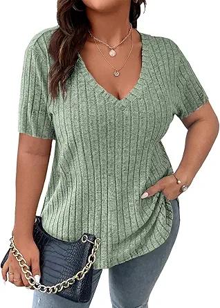 Koscacy Women's Plus Size Casual Tops V Neck Solid Color Shirts Lightweight Short Sleeve Blouses