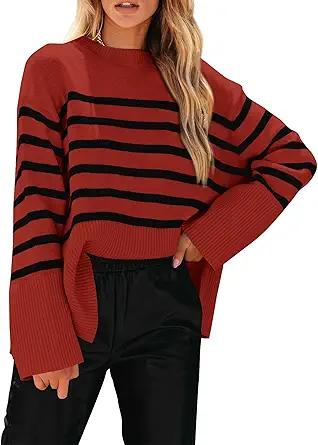 KIRUNDO Women's Striped Knit Oversized Fall Sweaters 2025 Trendy Clothes Crewneck Winter Pullover Sweater Side Split