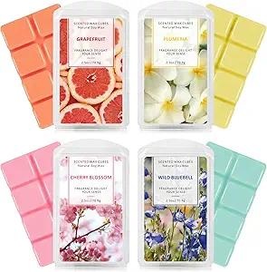 Scentorini Wax Melts - Soy Wax Cubes for Summer & Christmas Decor, 4 x 2.5 oz, Grapefruit, Cherry Blossoms, Wild Bluebell, Plumeria