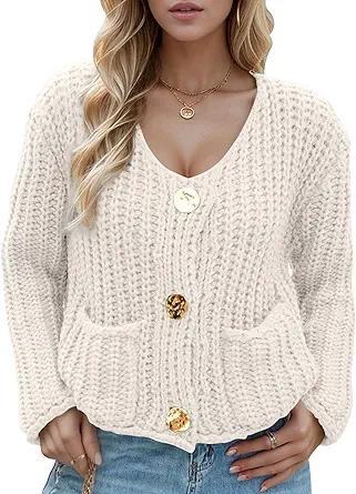 COZYPOIN Womens Fall Cardigan Sweater Casual Knit Cropped Open Front Button Long Sleeve Loose Cardigan