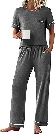 Ekouaer Womens Pajama Sets Short Sleeve Top and Pants 2 Piece Pjs Soft Sleepwear Comfy Lounge Set S-XXL