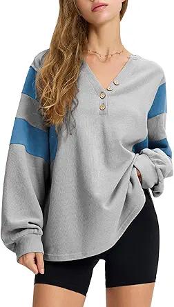 EXLURA Women's Oversized V Neck Henley Shirt Patchwork 2024 Color Block Sweatshirt Long Sleeve Button Pullover Tunic Tops