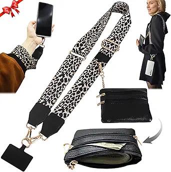 Clip Go Phone Strap with Wallet Crossbody, Universal Mobile Shoulder Charm Lanyards w/Zip Pouch, Cellphone Adjustable Chain Detachable Wrist Strap for Travel Concert Festival Women Leopard
