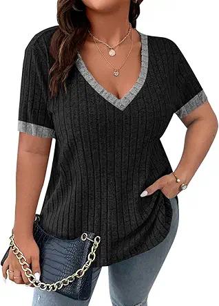 Koscacy Women's Plus Size Casual Tops V Neck Solid Color Shirts Lightweight Short Sleeve Blouses