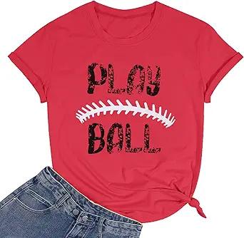 Play Ball Shirt for Womens Baseball Tshirts Graphic Tees Casual Letter Printed Softball Tee Shirts Top