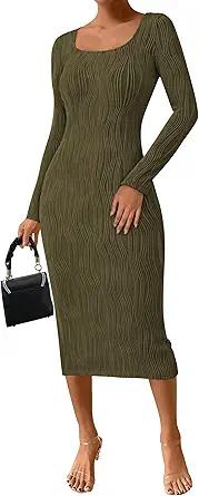 PRETTYGARDEN Womens Fall Dresses 2025 Long Sleeve Square Neck Knit Midi Beach Vacation Clothes Slit Bodycon Long Dress