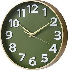 Wall Clock Battery Operated 12in Olive Green, Silent Non Ticking, Simple Style, Decorative Modern Wall Clocks for Living Room Bedroom Kitchen Office