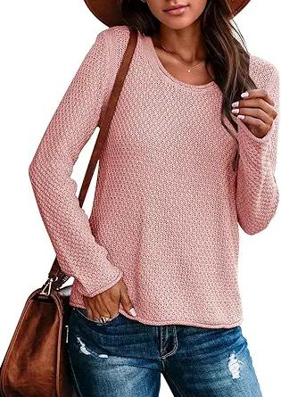 Ebifin Women's Crew Neck Pullover Sweater Solid Color Casual Warm Lightweight Knit Sweaters