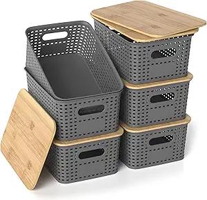Plastic Storage Baskets with Bamboo Lids, Stackable Small Box Bins for Organizing and Containers for Shelves Drawers Desktop Closet Pantry Classroom Office Home, 6 Pack 10.2x7.2x4.1 Inch, Gray
