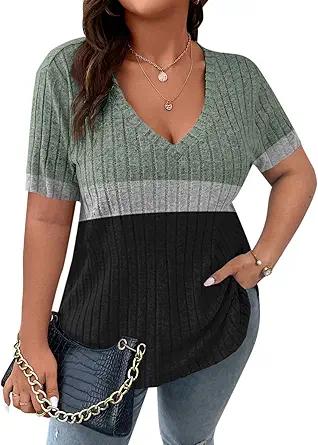 Koscacy Women's Plus Size Casual Tops V Neck Solid Color Shirts Lightweight Short Sleeve Blouses