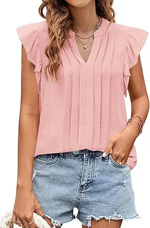 KIRUNDO Spring Tops for Women Lightweight Blouses Dressy Casual Ruffle Sleeve V Neck Pleated Business Casual Summer Shirts