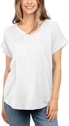 liher Women's Summer Casual V Neck Solid Color Basic Tees Rolled Up Short Sleeve T Shirt Top