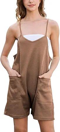 Rompers for Women Summer Casual Waffle Knit Sleeveless Romper Spaghetti Strap Shorts Overalls Jumpsuit with Pockets