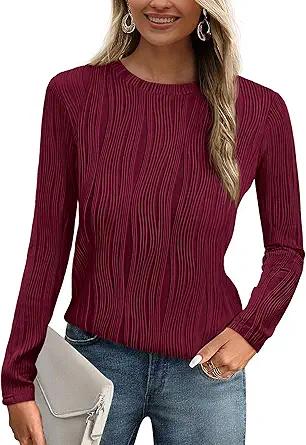 PRETTYGARDEN Long Sleeve Tops for Women 2025 Spring Fall Trendy Business Dressy Casual Shirts Crewneck Textured Blouse
