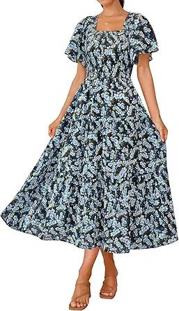BTFBM Summer Floral Dress for Women 2025 Spring Boho Short Sleeve Square Neck Smocked Flowy Maxi Beach Vacation Dresses