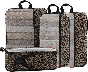 U+U 4 Set Compression Packing Cubes - Ultralight Travel Organizers with Laundry Bag, Space-Saving Suitcase Organizer, Expandable Packing Cubes for Travel, Business Trip and Family Vacation (Leopard)