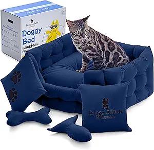 5-in-1 Calming Premium Dog and Cat Bed Set | Elevated Royal Dutch Velvet Couch for Dog and Cat – 2 Cushions, 2 Toys, Machine Washable, Durable, Size: S, 25x20x10in