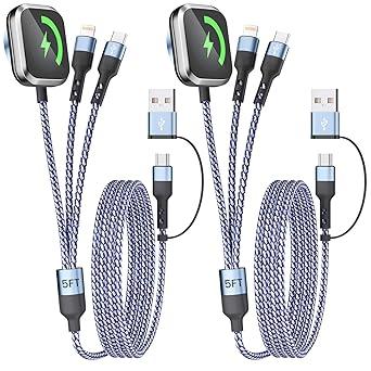 3 in 2 Multi Charging Cable for Apple Watch Charger/iPhone Charger/CarPlay Cable, Travel Vacation Essentials, (2Pack 5FT) USB C/L/iWatch Charging Cords for iWatch 11-1/iPhone 17-12, Android Car, Blue