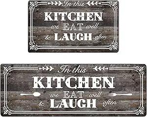 Kitchen Mats and Rugs Set of 2, Rustic Woodgrain Design Non Slip Cushioned Standing Mat for Kitchen，Floor