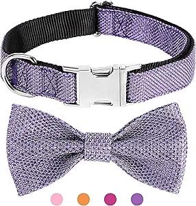 Dog Collar with Bow for Small Medium Large Dogs, Cute Bling Dog Bow Tie Collar with Metal Buckle, Soft & Durable for Medium Dogs Walking (Purple, M)