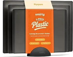 SMIRLY Plastic Cutting Board Set with Holder 3 Pieces, Non-Slip Dishwasher Safe Chopping Boards for Kitchen, Dark Grey